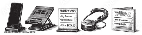 Black and white product illustration of a phone, specs, security cable, and warranty, useful for product marketing, user manual design, or technology education materials.
