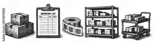 A black and white illustration of warehouse elements including stacked boxes, inventory list, shelving and hand truck, representing inventory management and logistics.