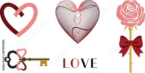 Valentine's Day symbols with hearts, rose, and key on white background