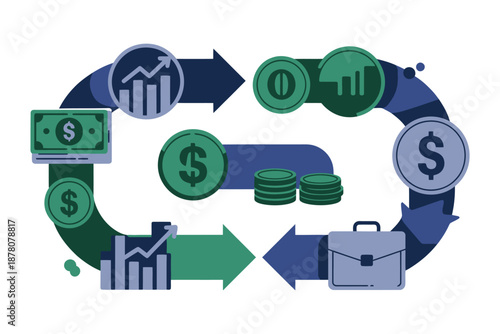 A financial cycle illustration showing the flow of money and business growth with arrows and icons.