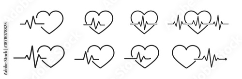 Heartbeat heart pulse line icons set, medical cardiogram love health linear vector illustration on transparent background