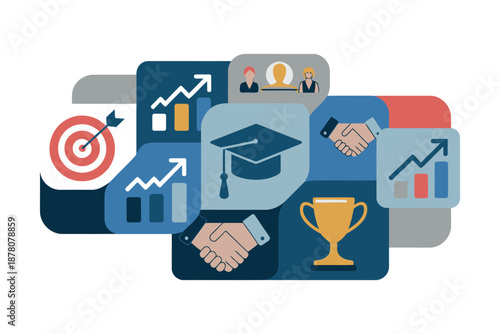 A graphic illustration of business success and education icons combined in a creative design