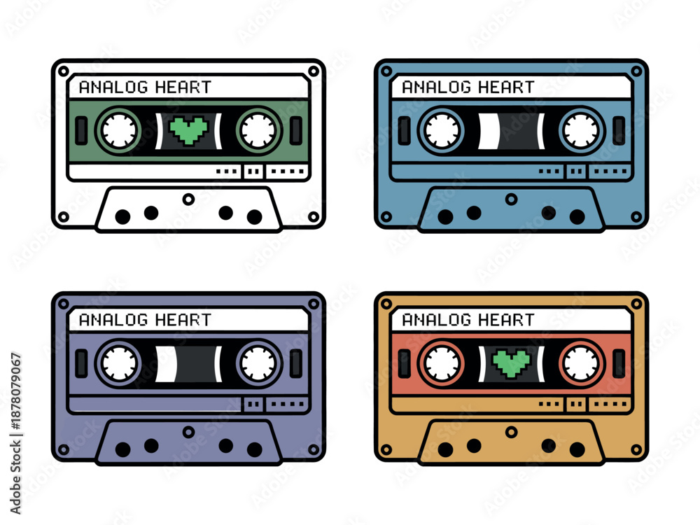Obraz premium A colorful illustration of four cassette tapes with the words 'ANALOG HEART' on them.