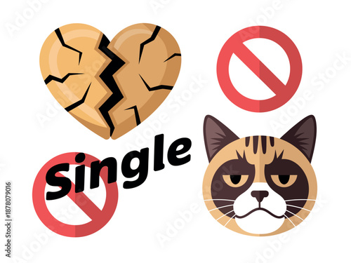 A cartoon illustration of a broken heart and a grumpy cat face with symbols indicating being single.