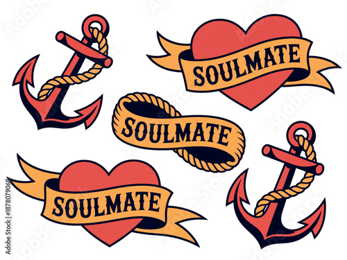 A collection of traditional tattoo designs featuring hearts, anchors, and soulmate banners on a white background.