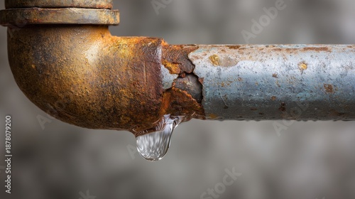 Rusty metal pipe with visible crack leaking water droplet, indicating plumbing repair need and water damage risk.