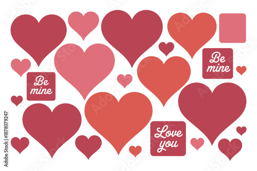 A colorful collection of pink and red hearts with loving messages on a white background