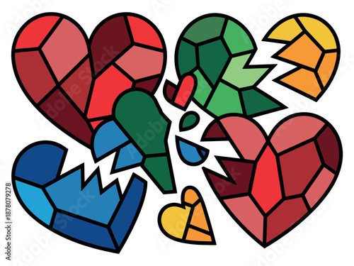 A colorful mosaic of broken hearts on a white background