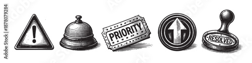 Engraved illustration featuring symbols for attention, priority, problem-solving and completion with textures, good for business or education designs.