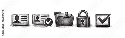 A row of personal data and security icons including ID badges, folders, lock, and checkmarks symbolizing privacy protection and identity verification.