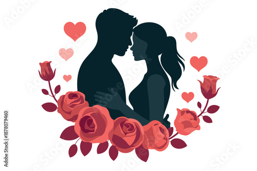 A romantic couple embracing surrounded by roses and hearts on a white background
