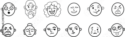 Diverse Hand-Drawn Faces Expressing a Range of Emotions in Simple Line Art Style