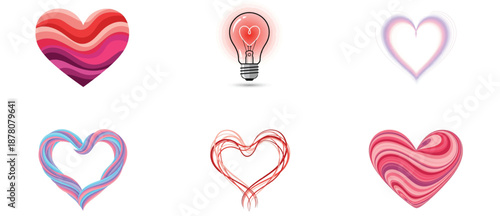 Collection of six diverse heart shape graphic elements love symbol