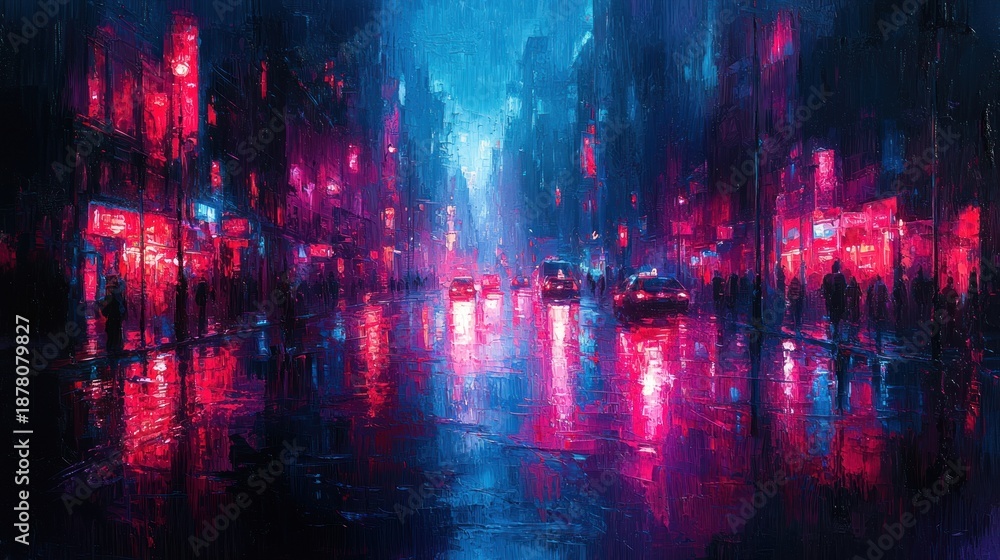 Fototapeta premium Cityscape at night, rain slicked roads, vivid colors