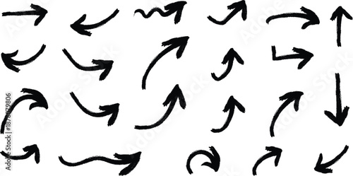 Collection of Hand Drawn Arrow Icons: Directional Symbols in Black Ink, Isolated on White Background