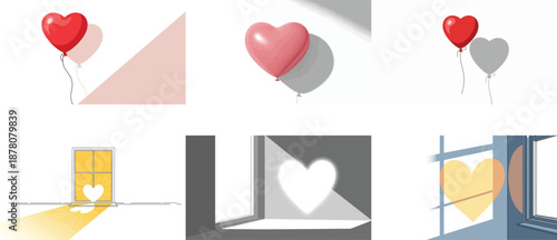 Heart Shaped Balloons and Light Projections on White Background pink string