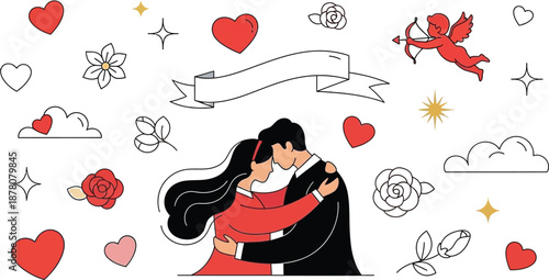 Loving couple embracing surrounded by romantic hearts and flowers