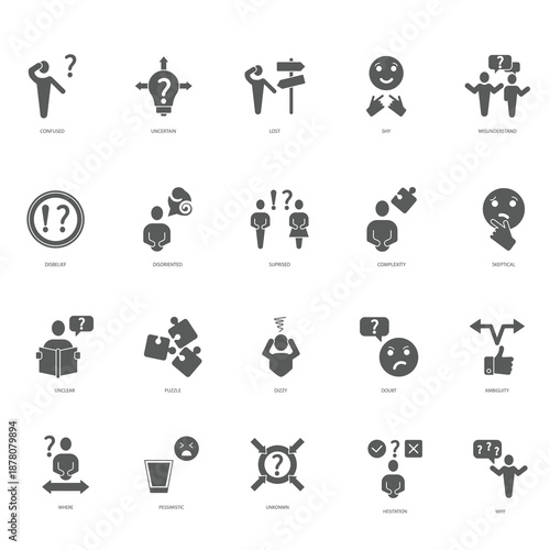 Confusion and uncertainty concept icon set,