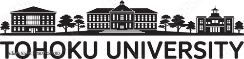 Tohoku university campus building silhouette icon with capital letters on transparent background