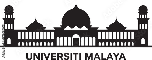 Universiti malaya main building silhouette icon with capital letters on transparent background