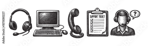 Black and white illustration depicting customer support elements like headphones, computer, phone, support ticket, and agent. Ideal for illustrating concepts of helpdesk, service.
