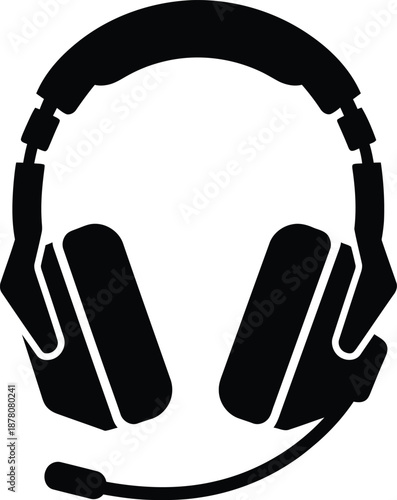 Simple black and white icon illustration of a headset with a microphone boom arm