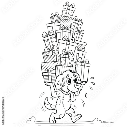 Cute Christmas Dog Carrying a Tower of Gift Boxes – Holiday Cartoon Illustration for Coloring Pages, Festive Pets, Winter Season Artwork