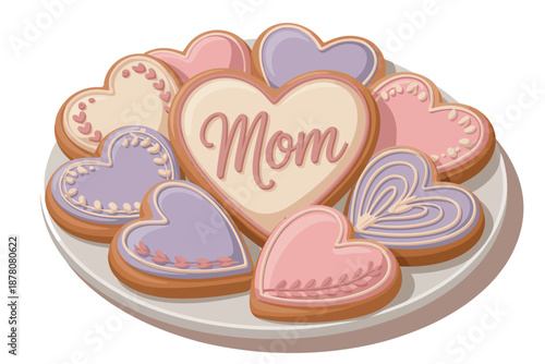 A plate of heart-shaped cookies with icing and the word Mom written on one of them.