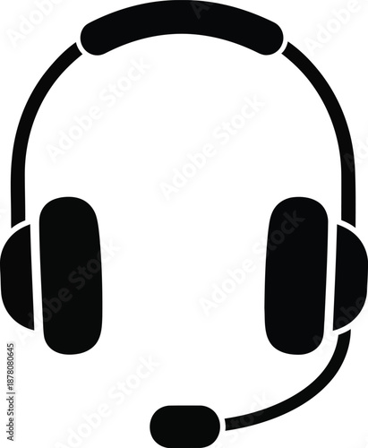 A black and white vector icon illustration of a headset with a microphone for call center or gaming