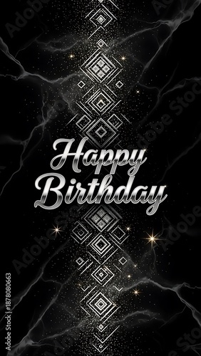 Vibrant Abstract Kirakira Glitter Gothic Birthday Artwork with Luxurious Dark Background, Romantic Dandyism Theme, Metallic Cursive Happy Birthday Typography and Elegant Sparkling Celebration Design