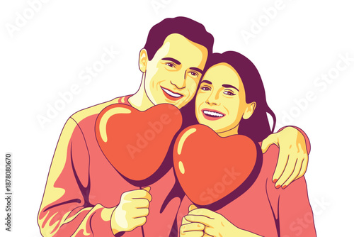 A loving couple holding heart balloons on a white background