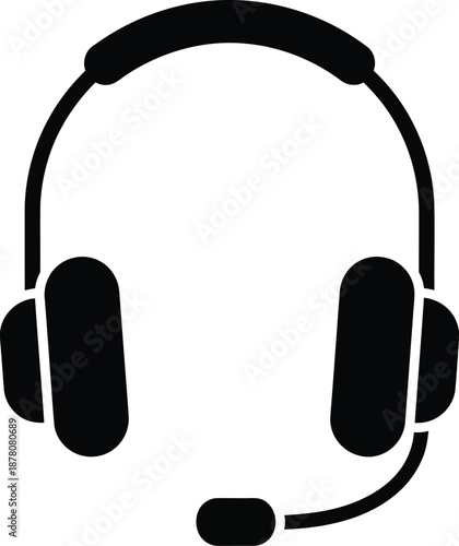 Black and white icon of a headset with a microphone for communication