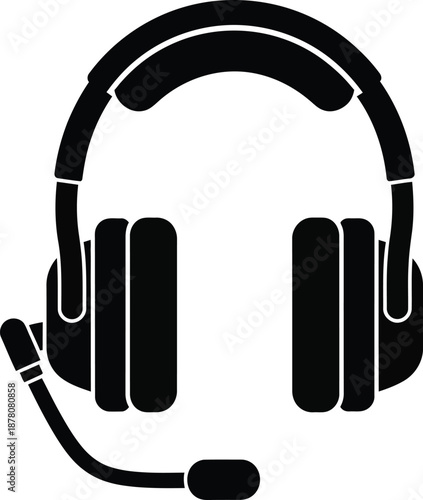 Black and white icon of a headset with a microphone for communication and gaming