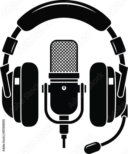 Black and white icon of a professional studio microphone and over-ear headphones for audio recording