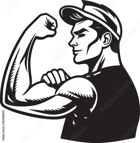 Flexing arm icon showing muscle strength. Silhouette and line style.