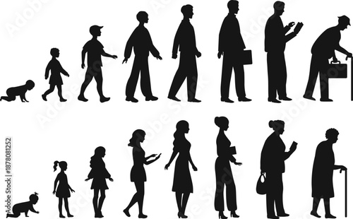 Human Aging Silhouettes Vector Set, Male and Female Life Cycle Stages from Infancy to Seniority