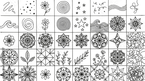 Vector, mandalas, floral, patterns, icons, hand, drawn, doodle, sketch, flowers, waves, stars, spirals, leaves, geometric, elements, black, white, simple