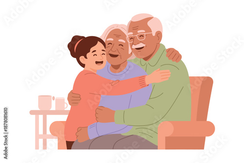 A young woman hugging two elderly people on a couch
