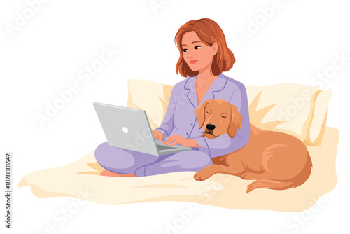 A woman sitting on a bed with her dog while working on her laptop in a cozy home environment.