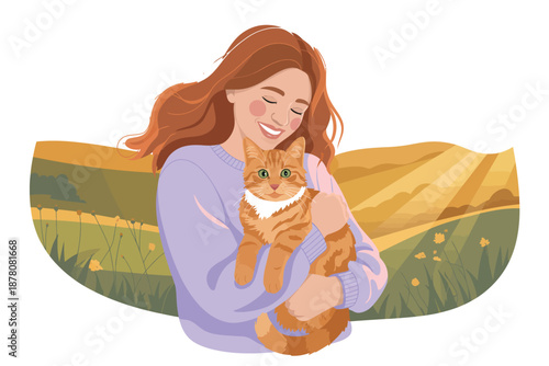 A smiling woman holding an orange cat in a serene field with rolling hills and wildflowers.