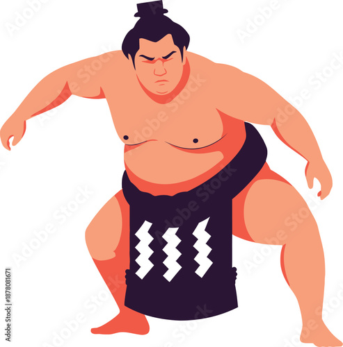 Sumo wrestler in traditional mawashi posing during match, powerful athletic man fighting sport illustration