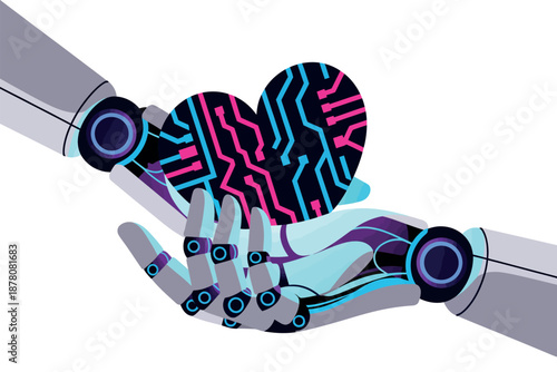 A robotic hand holding a heart with circuit board design, symbolizing love and technology coming together.