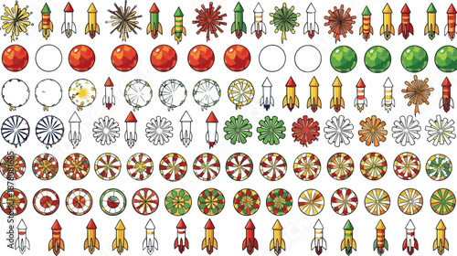 Vector, rocket, fireworks, icons, collection, celebration, firecracker, burst, festival, holiday, space, event, colorful, graphics, party, launch, circular, patterns, explosive