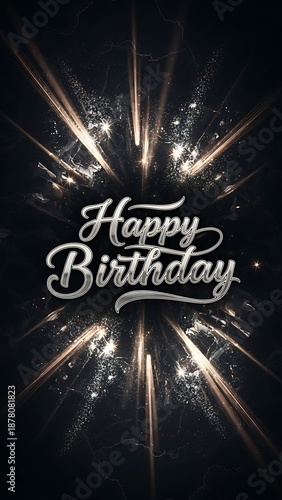 Vibrant Abstract Kirakira Glitter Gothic Birthday Artwork with Luxurious Dark Background, Romantic Dandyism Theme, Metallic Cursive Happy Birthday Typography and Elegant Sparkling Celebration Design