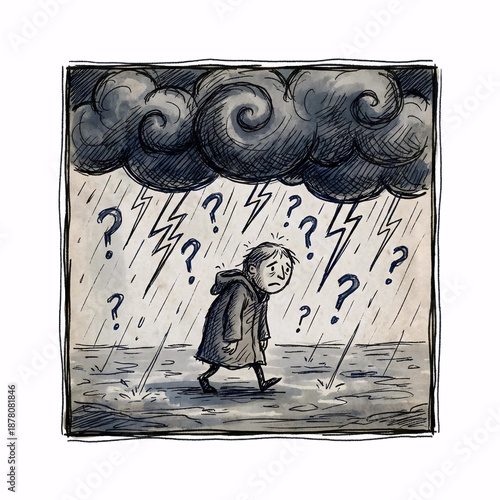 Uncertainty concept of lonely person walking in rain of question marks, depression and confusion looking for answers