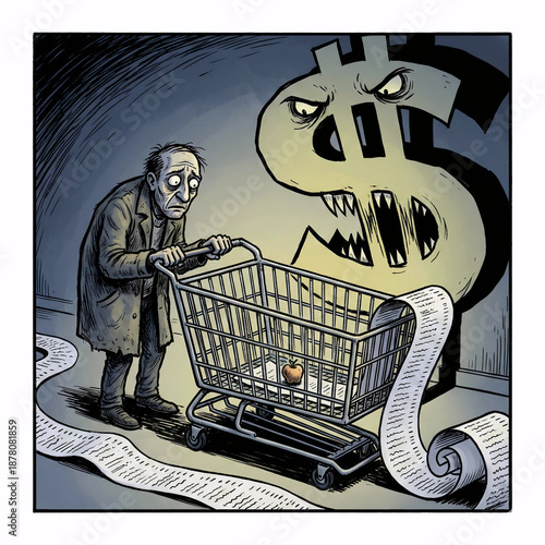 Inflation monster concept with sad consumer pushing empty cart facing giant angry dollar sign with sharp teeth