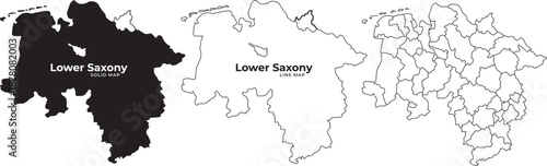Vector maps of lower saxony germany in black and white with labeled outlines and districts