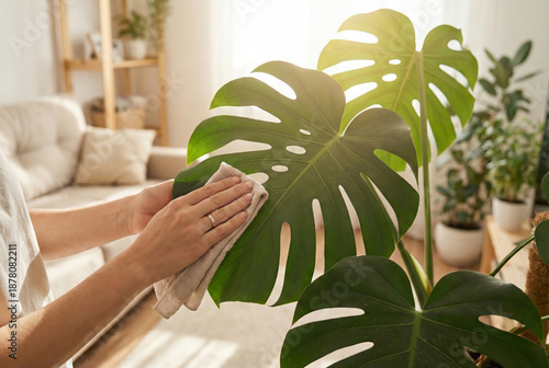 Person gently dusting a large Monstera leaf in a bright living room with various houseplants and a sofa in the background.