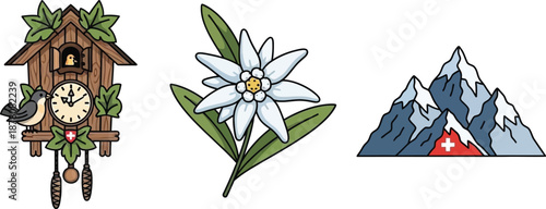Swiss cultural heritage icons collection featuring cuckoo clock edelweiss flower and snowy alps mountains with national flag