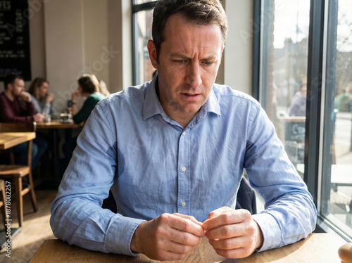 Man sitting alone at a table in a cafe, looking worried and fidgeting with a napkin